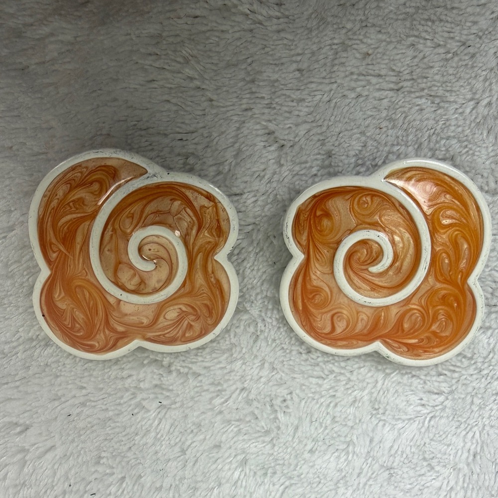 Monet Vintage Clip On Earrings Flower Swirl Peach Orange Enamel Gold Tone Studs - Picture 8 of 8